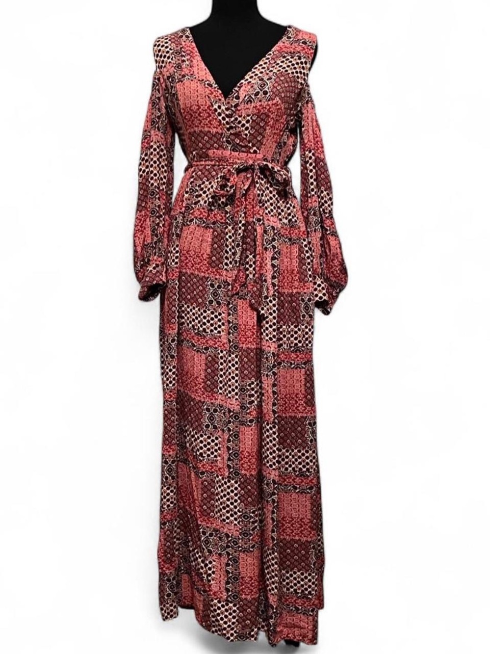 Sweet Lemon Patchwork Red Floral and Paisley Boho Maxi Dress 70s style